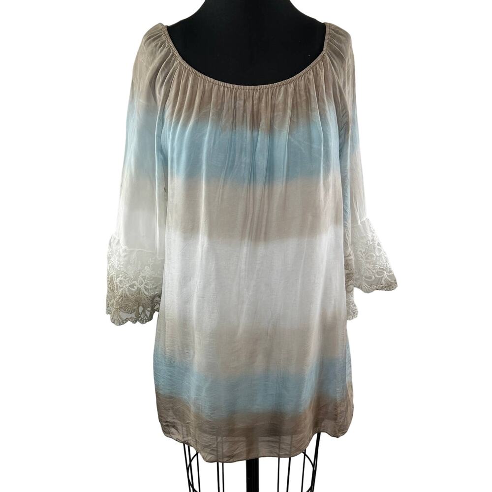 NWT Lola Blue Brown White Silk Lace Cuff Bell Sleeve Off Shoulder Top S ITALY